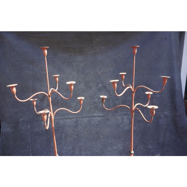 Pair of Early 20th Century Spanish Colonial Standing Wrought Iron Candelabras For Sale - Image 4 of 9