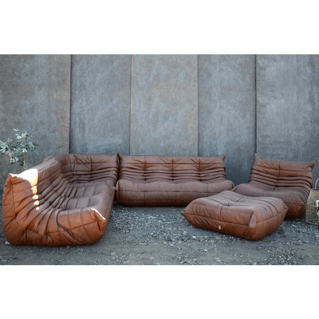 Togo Sofa Set by Michel Ducaroy for Ligne Roset in Brown Leather, Set of 5 For Sale - Image 10 of 10
