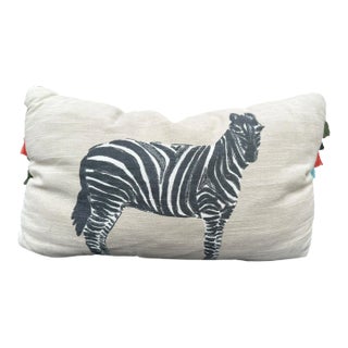 Vintage Zebra Pillow With Multicolored Tassels and Orange Back For Sale