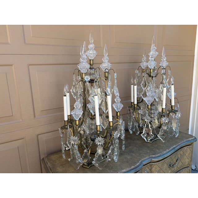 Early 20th Century Early 20th Century French Brass & Crystal Six-Light Girandole Lamps - Pair For Sale - Image 5 of 17