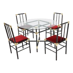 Mid 20th Century Faux Bamboo Brass Glass Dining Game Table Set with 4 Chairs Billy Haines