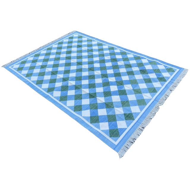 Mid-Century Modern Handmade Cotton Area Rug, Forest Green, Sky Blue and Cream Small Checked Dhurrie - 9'x12' For Sale - Image 3 of 13