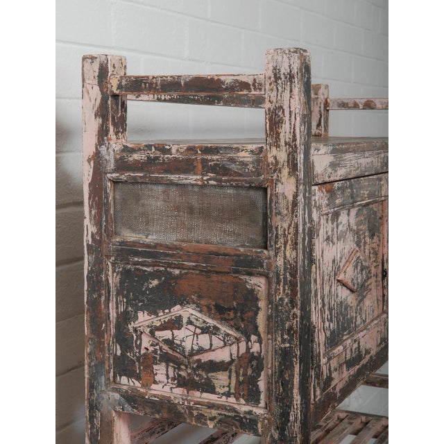 Abstract Distressed Pink Wooden Shelf Cabinet With Graphic Patina For Sale - Image 3 of 6