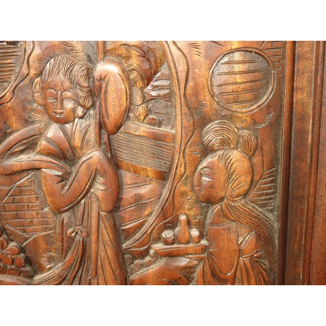 Vintage Oriental Asian Brown Hand Carved Wood Four Panel Screen ~ Room Divider For Sale - Image 17 of 17