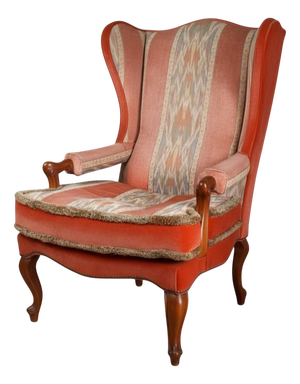 Vintage Wingback Bergère Chair in Salmon Velvet and Louis XV Geometric Fabric, 1950s
