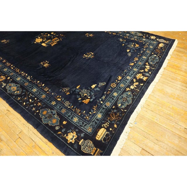 Textile 1920s Antique Navy Blue Vase Floral Deco Antique Chinese Peking Knotted Rug For Sale - Image 7 of 9