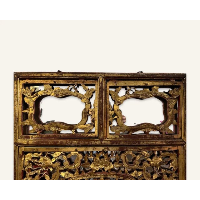Pair of Early 20th Century Red Lacquered Gilded Chinese Screens Converted to Mirrors For Sale - Image 6 of 12