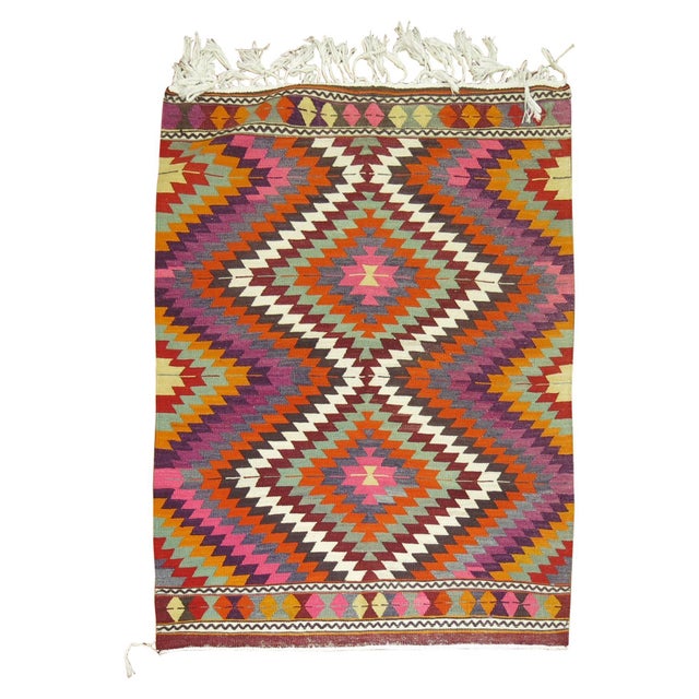 Colorful hand knotted mid-20th century Turkish Kilim in excellent condition Measures: 3'9'' x 4'11''.