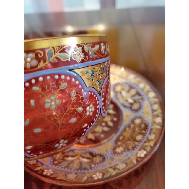 Set of 4 Antique Bohemian Glass Moser Ruby Color Bowls with Underplate For Sale - Image 4 of 11