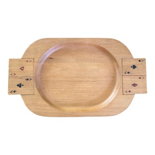Vintage Handcarved Oval Wooden Tray With Playing Card Handles For Sale