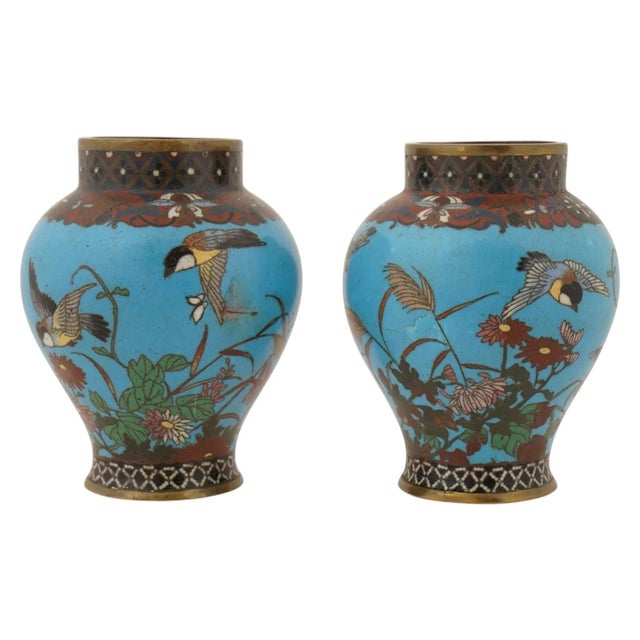 Late 19th Century Pair of Antique Japanese Meiji Cloisonne Enamel Vases For Sale - Image 5 of 7