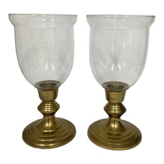 Vintage Brass Candlestick Holder With Hurricane Globe - a Pair For Sale