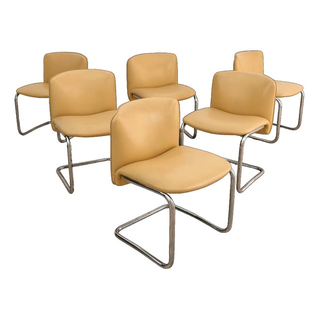Vintage Cantilever Chairs in Chromed Steel and Faux Leather, 1970s, Set of 6 For Sale