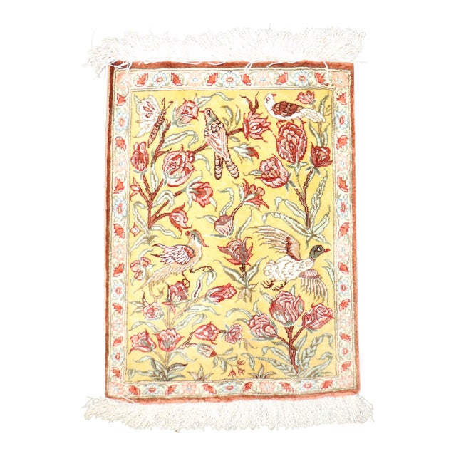 Silk Qum Botanical Mini Rug rug no.j4927 For Sale