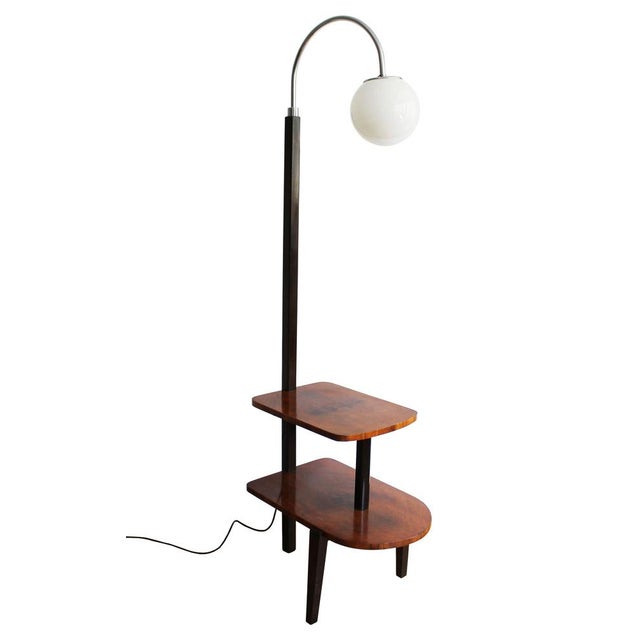 Modernist Floor Lamp in Glass, Wood, and Steel with Shelves, 1950s For Sale - Image 16 of 16