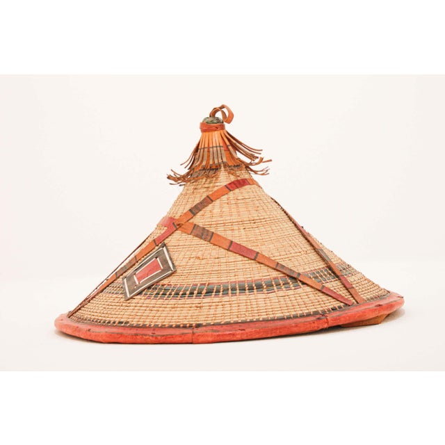 Conical leather and straw tribal Fulani hat, Mali West Africa Folk Art organic fiber hat with leather applications that...