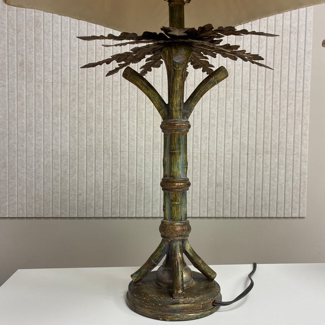 1990s 1990s Hollywood Regency Style Palm Bamboo Lamps With Shades - a Pair For Sale - Image 5 of 9