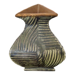 Gary DiPasquale, Postmodern Slip-Cast Stoneware Bud Vase, Geometric 3-Sided Flared Triangular - Olive Green For Sale