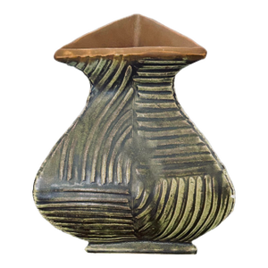 Gary DiPasquale, Postmodern Slip-Cast Stoneware Bud Vase, Geometric 3-Sided Flared Triangular - Olive Green