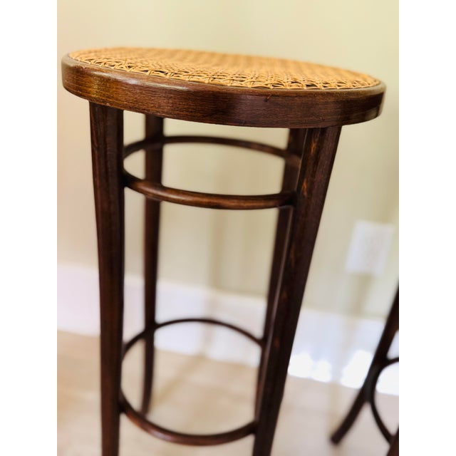 Brown Pair of Vintage Thonet Style Bentwood and Straw Barstools For Sale - Image 8 of 12