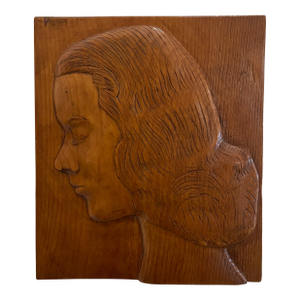1940s Portrait in Profile Bas Relief Wood Sculpture