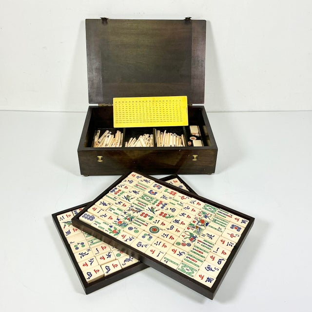 Chinoiserie Antique Chinese Boho Chic Chinoiserie Mahjong Game Set, Walnut & Brass Box For Sale - Image 3 of 15