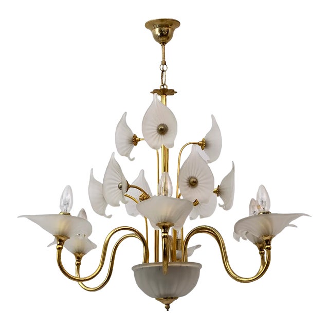Mid-Century Murano Lattimo and Brass Chandelier, Italy, 1970s For Sale