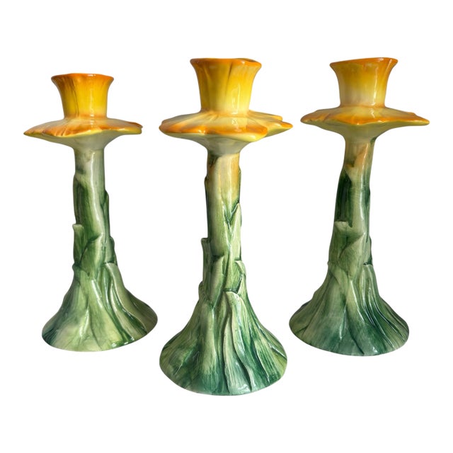 Vintage Italian Majolica Floral Daffodil Hand Painted Candlesticks Set of 3 For Sale