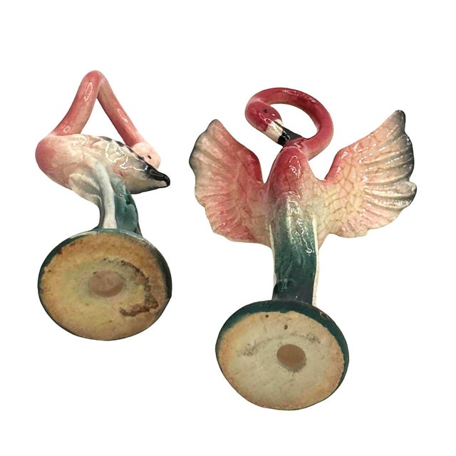 Mid-century pink and green miniature ceramic flamingo tabletop California pottery vase set of matching His and Her set ....