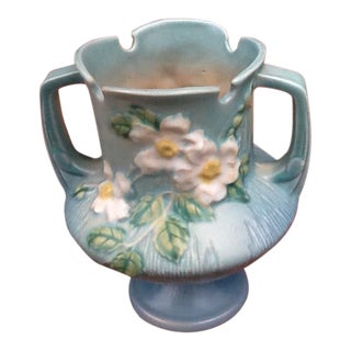 Vintage Roseville Blue With White Flowers Pottery Vase For Sale