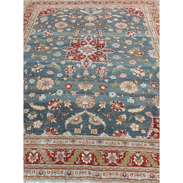 Early 20th Century Antique Persian Tabriz Rug With Floral Medallion Design in Steel Blue & Red 6'10 X 9'10 For Sale - Image 5 of 12