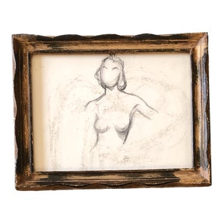 Vintage Original Modernist Female Nude Charcoal Study Drawing Vintage Wood Frame For Sale
