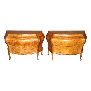 Pair of Vintage Italian Bombe Burled 4 Drawer Commodes For Sale