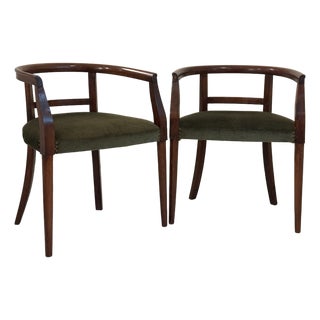 Petite Scale Mid-Century Italian Walnut Horseshoe Rail Back Armchairs - A Pair For Sale