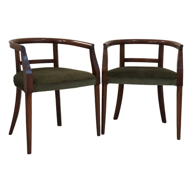 Petite Scale Mid-Century Italian Walnut Horseshoe Rail Back Armchairs - A Pair For Sale