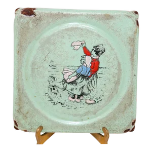 Antique Danish Hand Painted Dutch Theme Enamelware Metal Collectible Trivet 1920