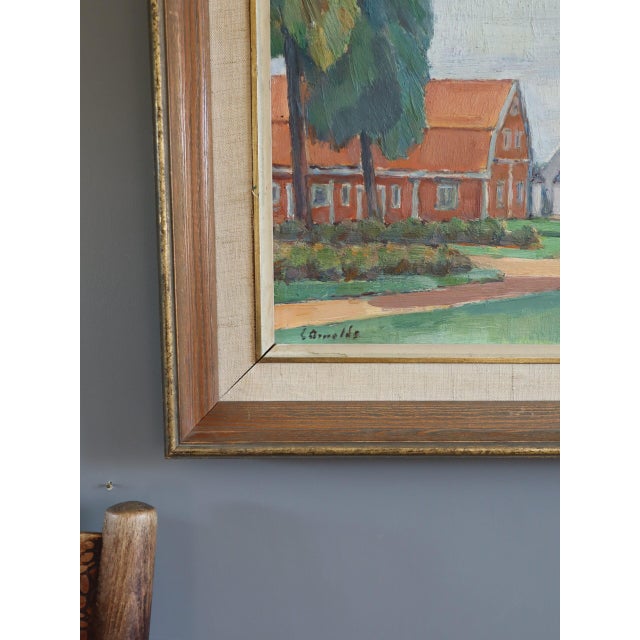 Mid-Century Modern 'Red Roofs' Vintage Swedish Town Landscape Oil Painting, Framed For Sale - Image 6 of 12