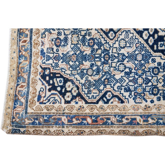 1960s Vintage Persian Hamadan Shabby Chic Navy Blue Handmade Medallion Wool Rug For Sale - Image 4 of 6