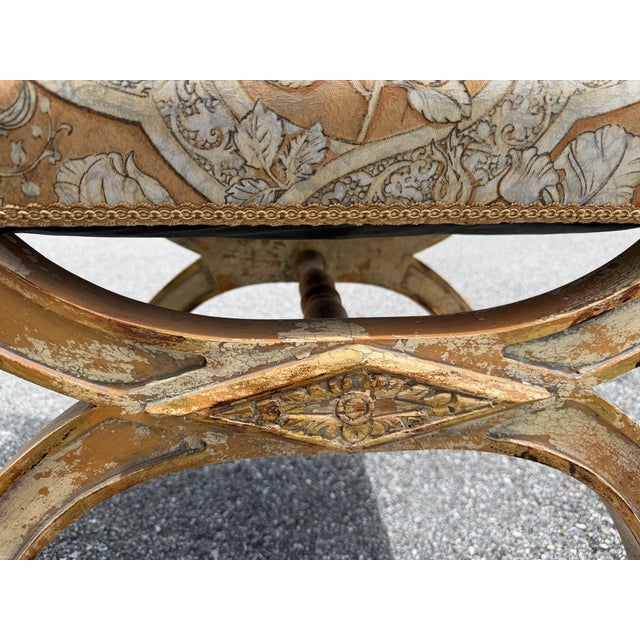 Mid 20th Century Italian Distressed Carved-Wood Curule Stool W/ Versace Pattern Seat Cushion For Sale - Image 4 of 15