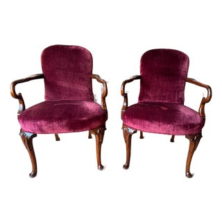 Pair of Vintage George II Queen Anne Style Shepherds Crook Library Open Armchairs by W & J Sloane For Sale