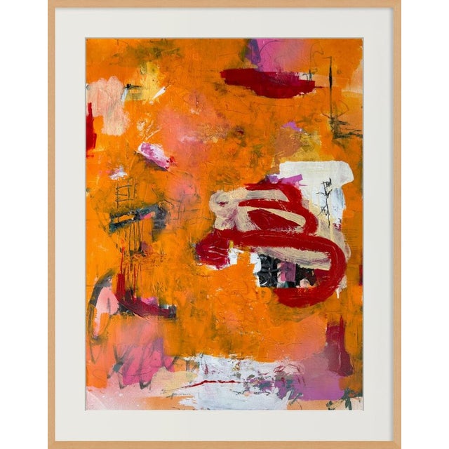 A glowing field of tangerine orange fills the paper, brushed over with pink, violet and white, and crossed by a thick red...