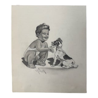 1940s Original Signed Graphite Illustration of Child Playing With Terrier Puppy, 9 × 7.75 In. W For Sale