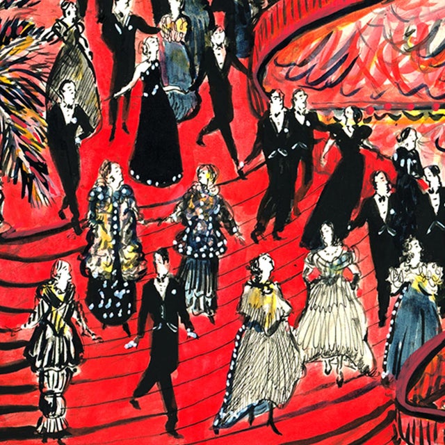 A lavish scene depicting at night at the Opera as patrons dressed in their finest make their way down the grand staircase....