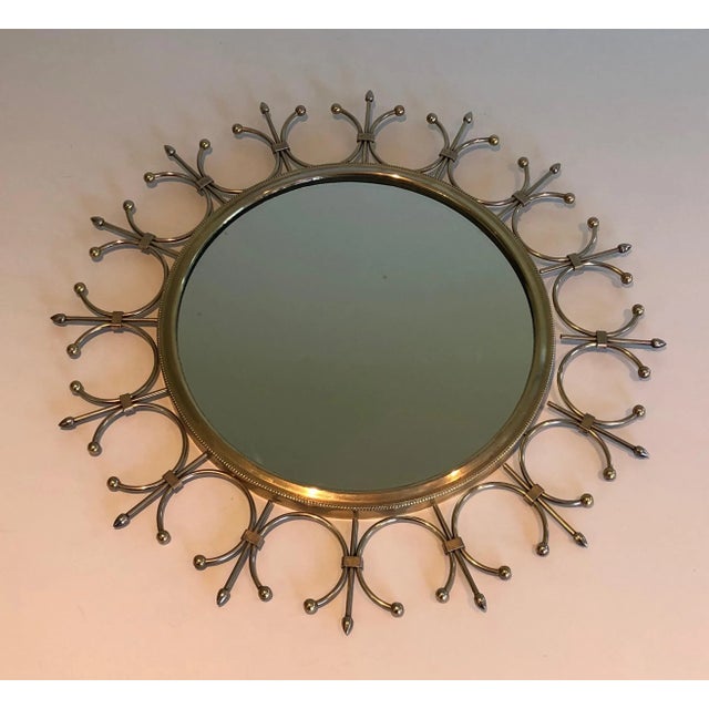 Metal Circa 1970 French Brass and Brushed Steel Sunburst Mirror For Sale - Image 7 of 13
