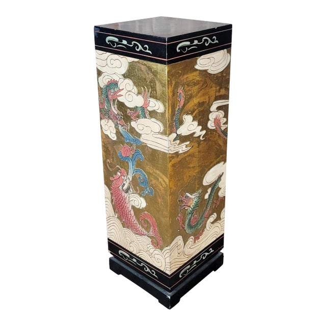 Chinese Mixed Color Painted Lacquer Pedestal W/ Flying Dragon Motif For Sale