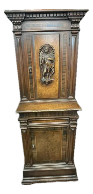 Antique Renaissance Revival Carved Cabinet With Saint Michael Figure