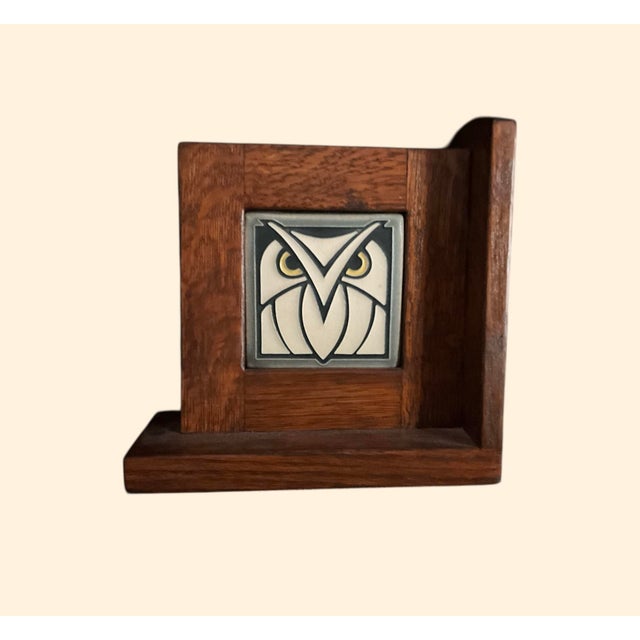 Art Deco Pair of Motawi Oak Bookends With Owl Tile Insets For Sale - Image 3 of 6