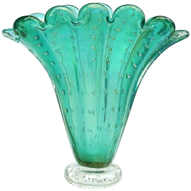 Vintage Murano Green Iridescent Gold Flecks Bubbles Italian Art Glass Fan Shape Scalloped Rim Flower Vase For Sale - Image 12 of 12