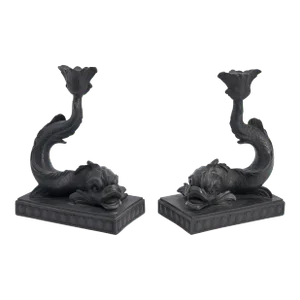 Antique 19th Century English Regency Wedgwood Black Basalt Dolphin Form Candle Holders - a Pair
