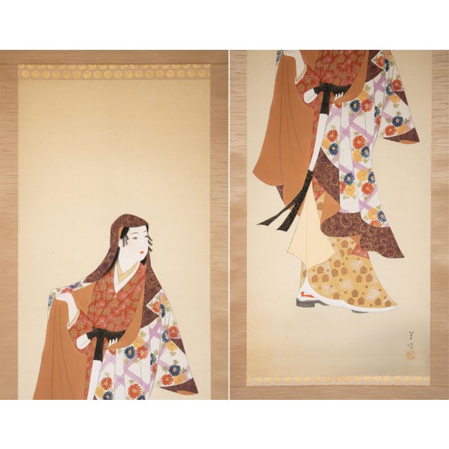 Japanese "Kimono Beauty" by Biho, C. 1950s Showa Era Japanese Silk Scroll Painting For Sale - Image 3 of 18